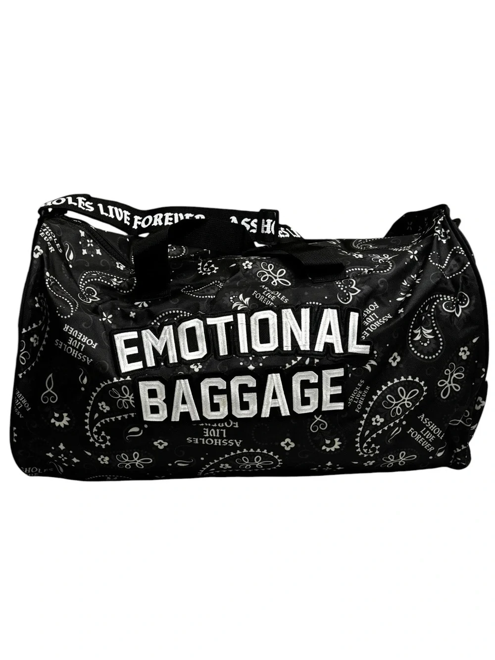 Assholes Live Forever Emotional Baggage Black Paisley Duffel Bag NWOT